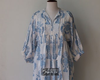 Indian Hand Block Print Cotton Dress, Blue White Floral Boho Midi Dress, Summer Vacation Kaftan, Women's Flowy Tunic, Beach Cover Up