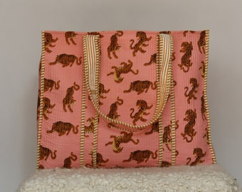 Floral Block Print Quilted Tote Bag | Cotton Shopper, Beach Bag