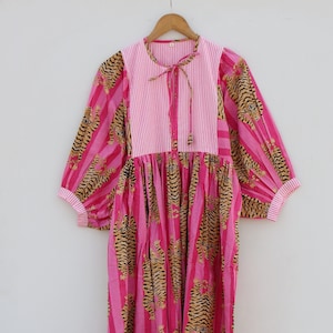 Pink stripes Tiger Midi Dress, Mini Dress,  Long Block Print Dress, Deep Neck with string closer