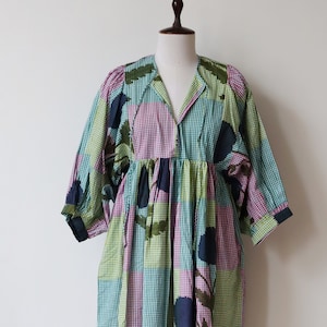 Block Print Midi Dress, Mini Dress, Striped Long Block Print Dress, Deep Neck with string closer