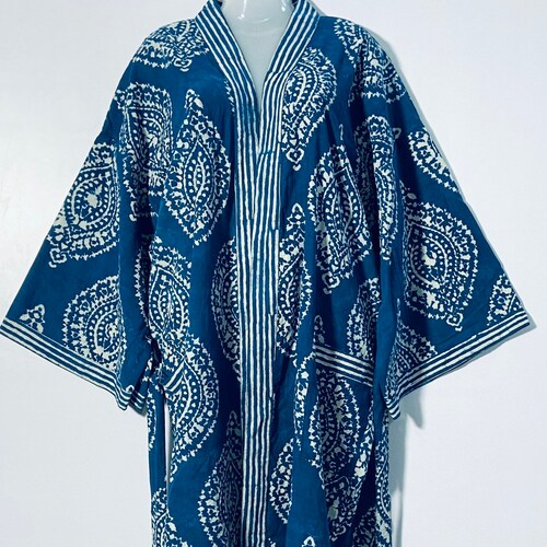 Hand Block Print Cotton Kimono Robes Indigo Natural Dabu - Etsy
