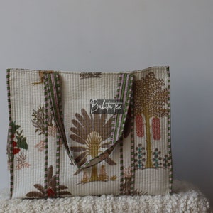 Handmade Quilted Cotton Tote: Floral Print Ethnic Market Bag