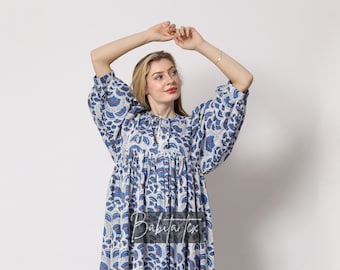 Blue Block Print Midi Dress for Women, Boho Puff Sleeve Cotton Dress, Loose Fit Summer Maxi Dress, Handmade Bohemian Clothing