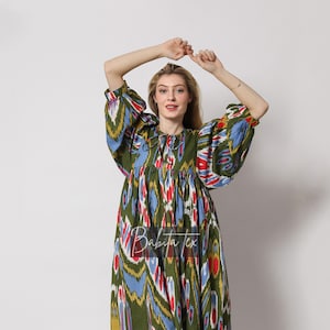 Midi Dress, Mini Dress, Ikat Long Block Print Dress, Deep Neck with string closer