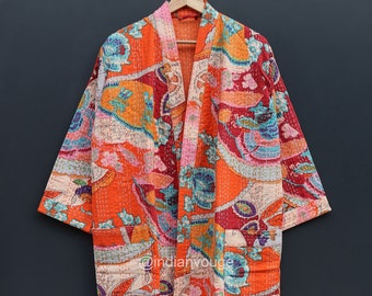 Floral Kantha Robe, Kantha Jacket, handmade kantha jacket, Japanese style Floral kantha Coat, winter jacket boho tie belt coat