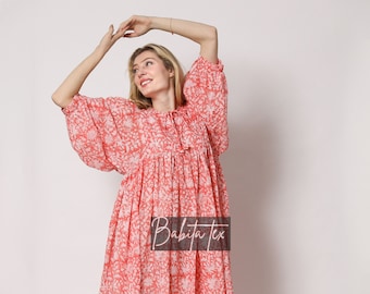 Floral Hand Block Print Cotton Midi Dress: Bohemian Kyra Style