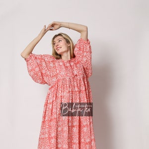 Midi Dress, Mini Dress, Floral Long Block Print Dress, Deep Neck with string closer