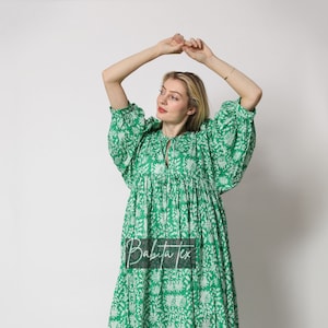 Cotton Gauze Midi Dress: Floral Block Print, Deep Neck