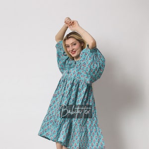 Floral Block Print Cotton Gauze Dress - Deep Neck Mini Dress