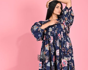 Vestido midi bohemio floral de algodón, vestido con estampado de bloques azul y rosa, vestido bohemio cottagecore, vestido de algodón indio hecho a mano, vestido de verano de corte holgado
