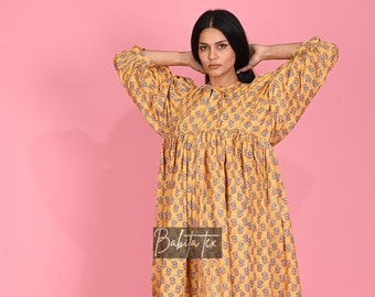 Floral Hand Block Print Kyra Midi Dress | Bohemian Cotton Dress | Dresses for Women | String Closer Dress