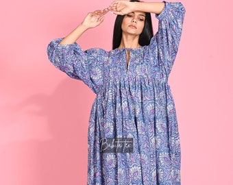 Floral Hand Block Print Cotton Midi Dress: Bohemian Kyra Style