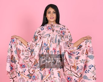 Vestido midi bohemio floral de algodón, vestido con estampado de bloques azul y rosa, vestido bohemio cottagecore, vestido de algodón indio hecho a mano, vestido de verano de corte holgado