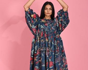 Floral Hand Block Print Cotton Midi Dress: Bohemian Kyra Style