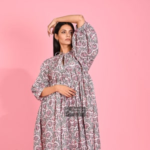 Midi Dress, Mini Dress, Floral Long Block Print Dress, Deep Neck with string closer