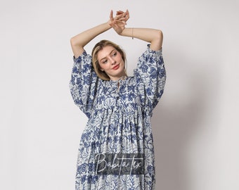 Floral Hand Block Print Cotton Midi Dress: Bohemian Kyra Style