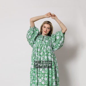 Cotton Gauze Dress: Floral Block Print, Deep Neck