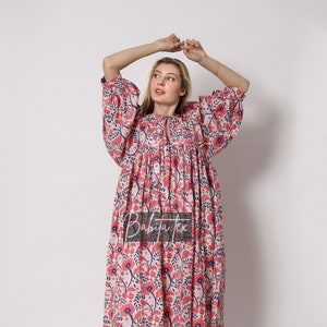 Midi Dress, Mini Dress, Floral Long Block Print Dress, Deep Neck with string closer