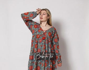 Floral Hand Block Print Cotton Midi Dress: Bohemian Kyra Style