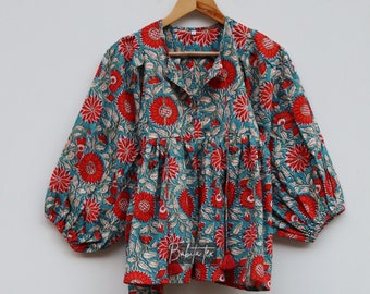 Kyra Top Dress, Mini Dress, floral Block Print Tunic Top, Deep Neck with string closer