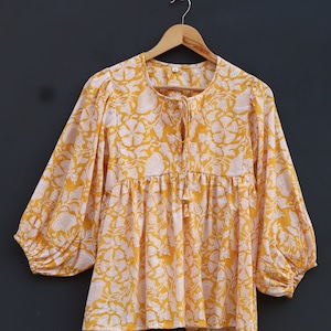 Handmade Mustard Yellow Block Print Blouse, Boho Floral Tunic