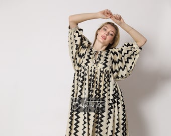 Zikzak Stripe Cotton Midi Dress, Indian Block Print, Boho Beach Style