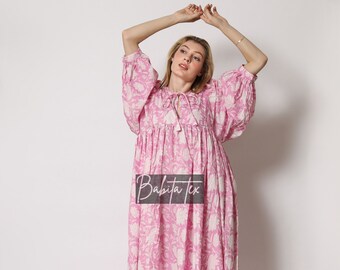 Floral Hand Block Print Cotton Midi Dress: Bohemian Kyra Style