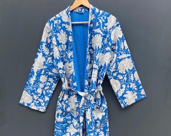 Block print Kantha Robe, Kantha Jacket, handmade Floral Print kantha jacket, Japanese style kantha robe, winter jacket,  boho tie belt coat