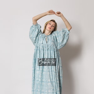 Cotton Gauze Midi Dress: Floral Block Print, Deep Neck