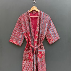 Indian handmade Patchwork kantha jacket Japanese kimono style Ajrakh kantha robe winter jacket multi colored tie belt coat