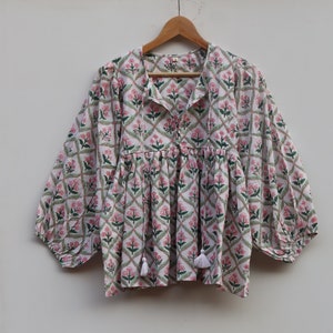 Kyra Top Dress, Mini Dress, floral Block Print Tunic Top, Deep Neck with string closer