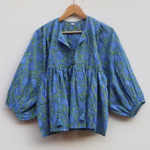 Hand Block Print Baumwoll Top - Blaue Blumenbluse mit langen Ärmeln
