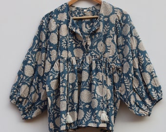 Kyra Top Dress, Mini Dress, floral Block Print Tunic Top, Deep Neck with string closer