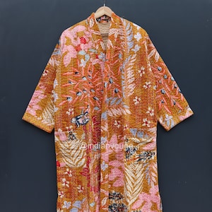 Handmade Leaf Print kantha jacket Japanese kimono style Beach wear bohemian kantha robe winter jacket multi colored tie belt coat