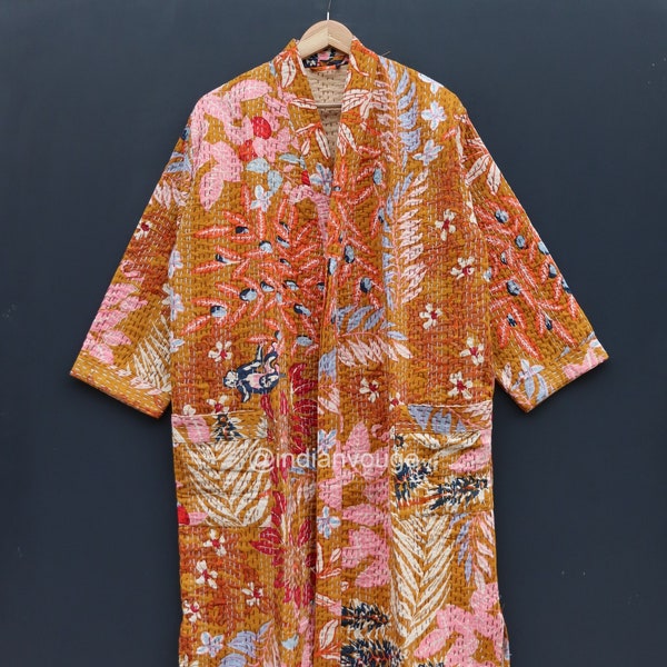 Handmade Leaf Print kantha jacket Japanese kimono style Beach wear bohemian kantha robe winter jacket multi colored tie belt coat