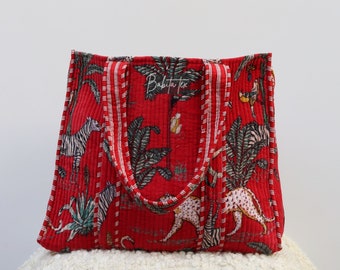 Handmade Cotton Velvet Quilted Tote Bag: Animal Print Market Bag