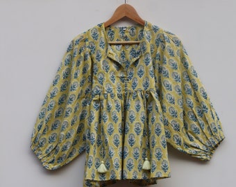 Kyra Top Dress, Mini Dress, floral Block Print Tunic Top, Deep Neck with string closer