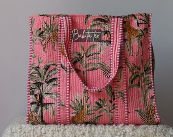 Floral Hand Block Printed Quilted Tote Bag | Ethnic Cotton Shopper