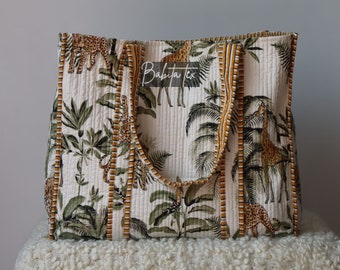 Jungle Hand Block Printed Quilted Tote Bag | Cotton Quilted Shopping Bag | Travel and Shoulder Tote Bags | Beach Bag | Boho Bag