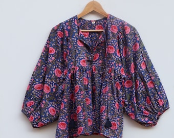 Kyra Top Dress, Mini Dress, floral Block Print Tunic Top, Deep Neck with string closer