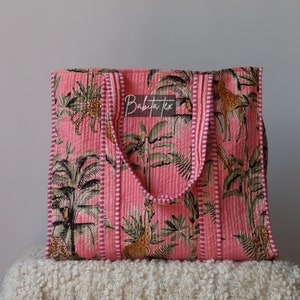 Handmade Quilted Cotton Tote Bag: Tiger Print Ethnic Market Bag
