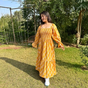 Floral Midi Dress, Mini Dress, Smock dress Hand Block Print Dress