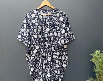 Hand Block floral print women's kaftan, cotton light weight summer wear, beach wear dress, maxi Gown nightwear