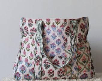Handmade Quilted Tote Shopping Bag, Floral Print Cotton Market Bag, Jhola Bag, Hippie Bag, Market Bag