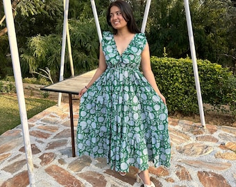 Floral Block Print Cotton Gauze Midi Dress, Deep Neck