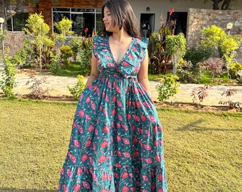 Floral Block Print Cotton Gauze Midi Dress, Deep Neck