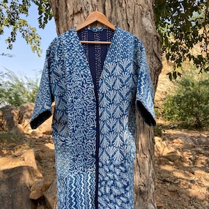 Kantha Robe, Kantha Jacket, handmade Indigo Patchwork kantha jacket, Japanese style kantha robe, winter jacket l, boho tie belt coat