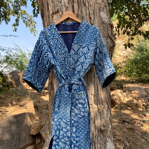 Kantha Robe, Kantha Jacket, handmade Indigo Patchwork kantha jacket, Japanese style kantha robe, winter jacket l, boho tie belt coat