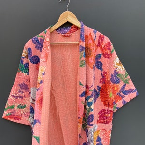 Kantha Robe, Kantha Jacket, handmade Floral Print kantha jacket, Japanese style kantha robe, winter jacket, boho tie belt coat
