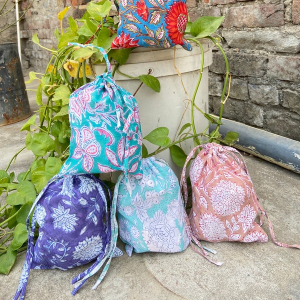 Cotton Hand Block Print Drawstring Bags, Washable & Reusable Kit Assorted